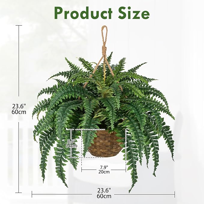 Hollyone Large Fake Hanging Ferns 49 Leaves Boston Ferns Artificial Plants Outdoor Indoor Potted Plant 23.6inch Faux Fern in Baskets Pot Artificial Hanging Fern Bush Plant for Patio Garden Porch Decor