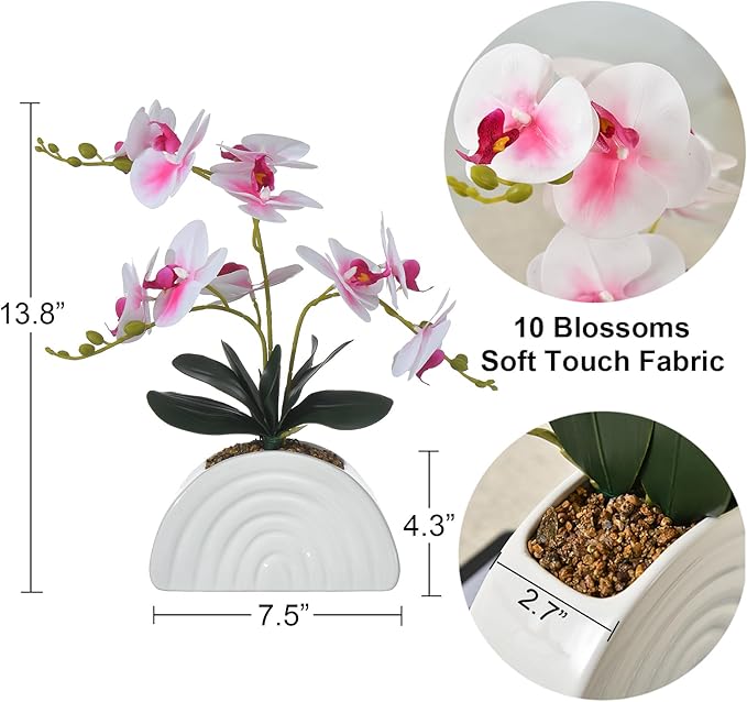 Fake Orchid Plant in White Rainbow Pot, Artificial Silk Phalaenopsis Orchid Flowers for Home Décor, Table Centerpiece, Office Desk (White and Pink)