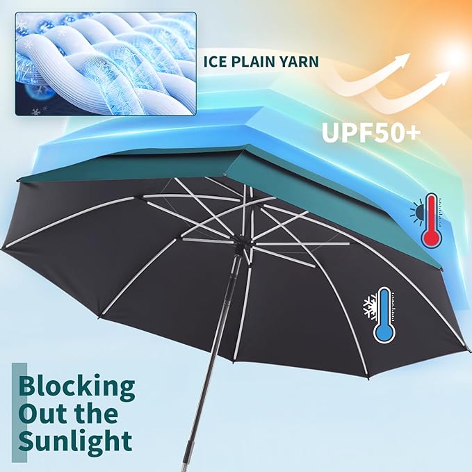 48.6" Double Canopy Beach Umbrella with Clamp, UPF50+ Beach Chair Umbrella with clip, 360°Adjustable Portable Outdoor Wheelchair, Patio, Golf Carts,Camping(Hunter Green)