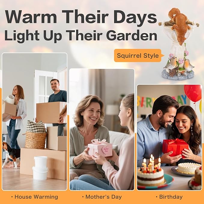 HUYIENO Solar Garden Statue Outdoor Decor Ornament Waterproof Solar Powered LED Lights for Yard, Patio, Lawn Gift for Mom, Women, Housewarming Squirrel
