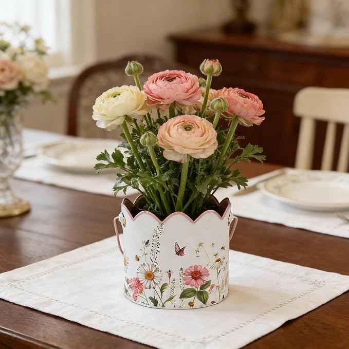 3-Piece Vintage Floral Metal Bucket Set, Scalloped Edge Multi-Size Planters for Flowers & Easter Egg Containers, Rustic Garden & Home Decor with Reinforced Metal Handles, Indoor & Covered Outdoor Use