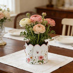 3-Piece Vintage Floral Metal Bucket Set, Scalloped Edge Multi-Size Planters for Flowers & Easter Egg Containers, Rustic Garden & Home Decor with Reinforced Metal Handles, Indoor & Covered Outdoor Use