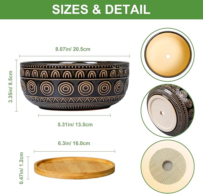 Eightpot Ceramic Bonsai Pots - 8 Inch Plant Pot for Succulent, Round Planter for Indoor Plants, Shallow Planters with Drainage Hole and Tray, Boho Bonsai Bowl, Living Room Decor, Black