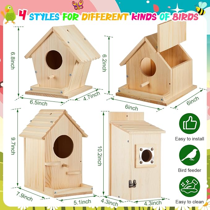 Liliful 8 Pack Birdhouse Crafts for Kids, Wooden Creative DIY Bird House Kits Arts and Crafts Set for Kids and Adults, Spring Birthday Gifts for Toddlers Ages (Playful Style)