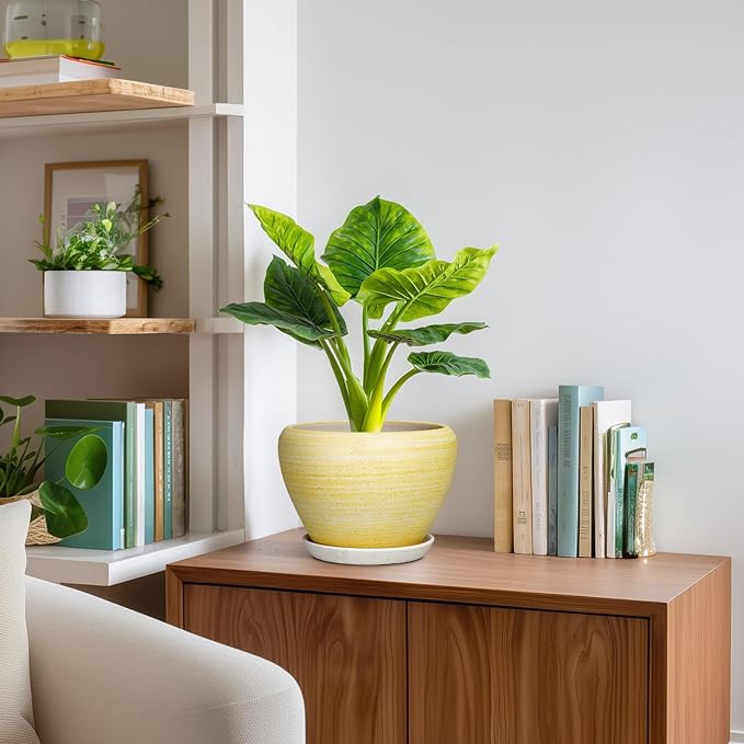 Ceramic Plant Pots - 8 Inch Planter with Drainage Hole and Tray, Decorative Pots for Plants Indoor Outdoor, Round Modern Plant Pot, Apartment Decor, Gifts for Men Women, Textured Yellow