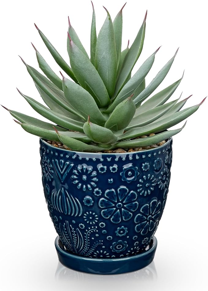 Briful Artificial Succulent Plant in Navy Blue Ceramic Planter with Saucer, Small Fake Agave Plant, Faux Plant Indoor for Desk, Bathroom, Shelf, Office, Farmhouse Home Decor, 9 Inch