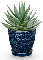 Briful Artificial Succulent Plant in Navy Blue Ceramic Planter with Saucer, Small Fake Agave Plant, Faux Plant Indoor for Desk, Bathroom, Shelf, Office, Farmhouse Home Decor, 9 Inch