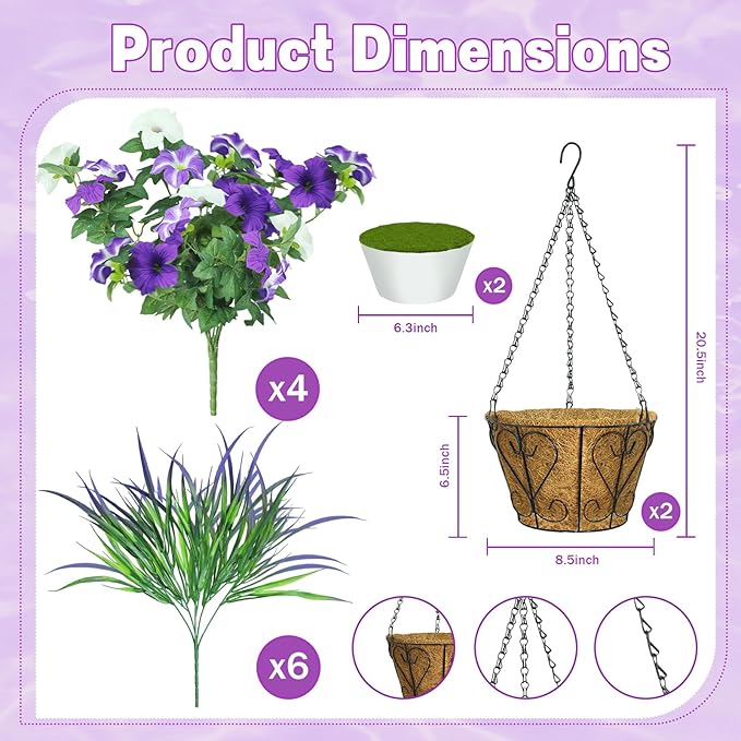2 Pack Artificial Flowers Hanging Baskets for Outdoors, 10 PCS UV Resistant Faux Outdoor Plants, Fake Petunias Silk Flowers for Garden Balcony Yard Porch Decor (White Green Purple)