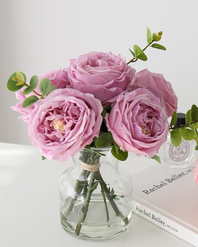 CHASMILE Artificial Flowers with Pinkish-Purple Peonies in Vase, Fix Lifelike Fake Flowers in a Vase with Artificial Water, Faux Flower Arrangements for Dining Table Centerpiece Decor