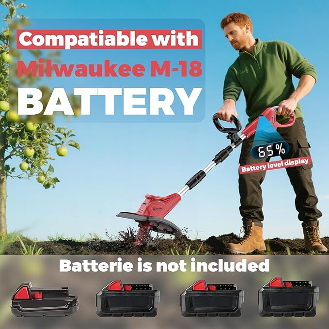 Battery Powered Tiller Compatible with Milwaukee 18V Battery(Tool Only), 310RPM Folding Electric Rototiller Features 40 Steel Tines, 9.1In Tilling Width & 6.3In Depth Tiller