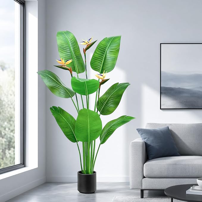 5FT Artificial Bird of Paradise Plant with Flowers, Tall Tropical Fake Plant Indoor, Large Artificial Plant for Living Room, Office Decor, Faux Floor Plant with Pot