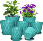 Meowell 7/6.5/6/5.5/5/4.5/4 inch Plant Pots for Indoor Outdoor Plants, 7 Pack Thick Flower Pots with Drainage Holes and Saucers, Modern Wave Texture Small Plastic Planters Nursery Pots, Blue Green