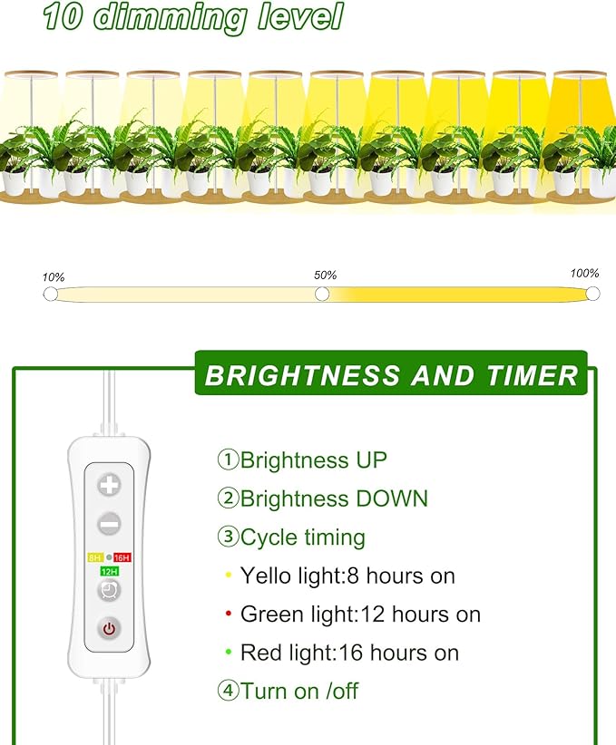 Plant Grow Light for Indoor Plant,Bamboo Mini LED Grow Light Garden,Height Adjustable,Automatic Timer with 8/12/16 Hours，2 Pack