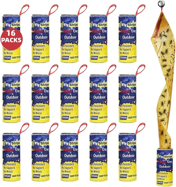 16 Pack Fly Traps Strips Indoor Outdoor, Flies Paper Sticky Hanging with Pins, Fruit Fly Tape Ribbon Roll for Home, Bug & Gnat Catchers for Inside, House Fly Killer for Winged Insect, Mosquito