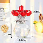 YWHL Handmade Crystal Red Rose Flower Figurine With Round Vase, Romantic Gifts for Women on Anniversary Mother's Day Birthday, Collectible Figurines for Home Party Wedding Decorations