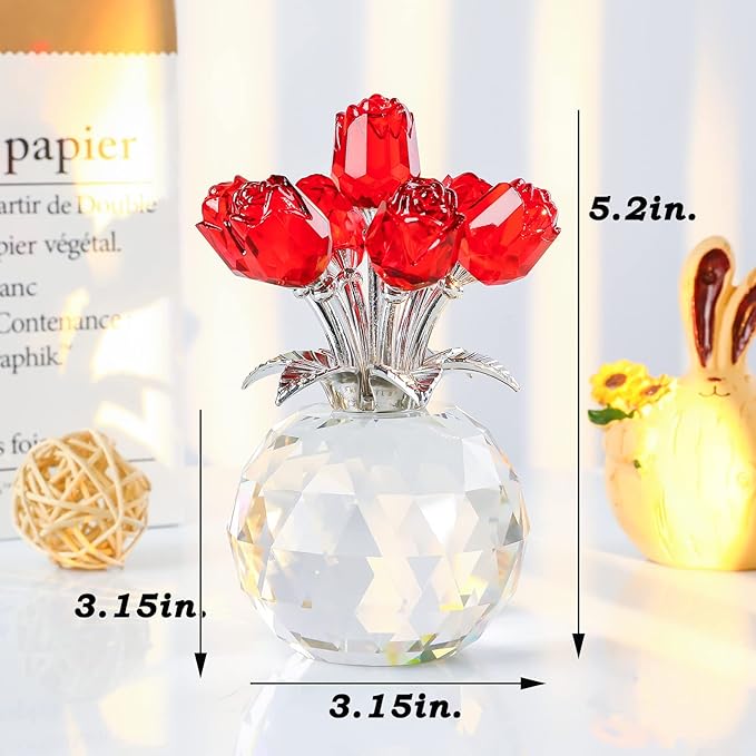 YWHL Handmade Crystal Red Rose Flower Figurine With Round Vase, Romantic Gifts for Women on Anniversary Mother's Day Birthday, Collectible Figurines for Home Party Wedding Decorations