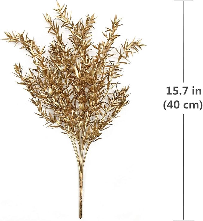 PASYOU Fake Plants Christmas Decorations, Artificial Flowers Golden Plastic Shrubs Faux Leaves Outdoor Indoor Home Garden Party Room Bedroom Office Wedding Table Centerpiece DIY Decor, Gold 6 Bunches