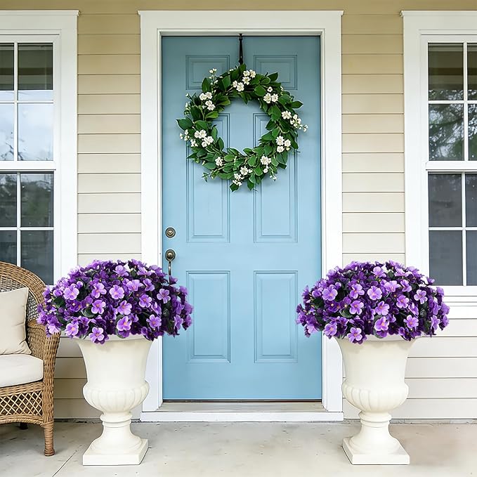 INXUGAO Artificial Hanging Flowers with Basket for Outdoor, Fake Hydrangea UV Resistant Arrangements in Pot Planter Spring Summer Decor for Indoor Porch Garden Yard(Double Violet)