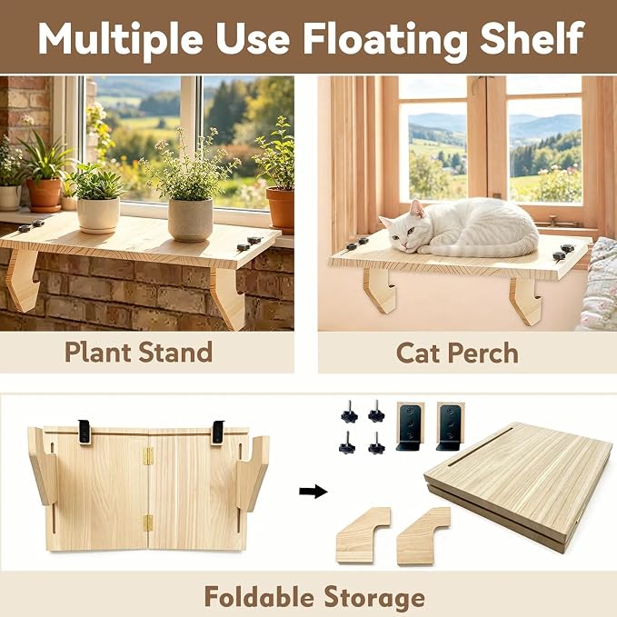 oyhqes Windowsill Plant Shelf Stands for Indoor Plants, 21.65 x 11.81 x 6.3 Inches, Floating Wooden Shelf with Brackets, No Drilling Required, Perfect for Cat Perch & Planters