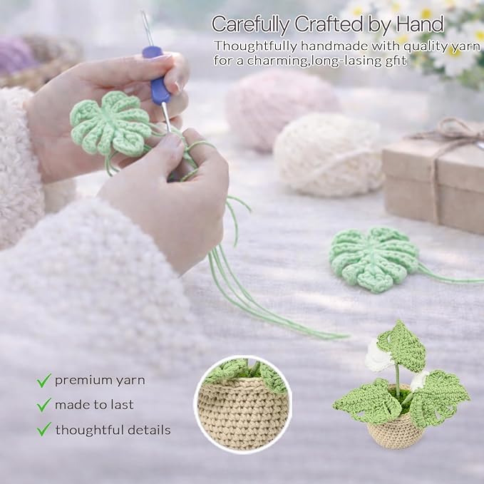 Handmade Positive Crochet Flowers, Green Gifts for Women - Inspirational, New Job, New Business Gifts for Coworker, Boss, Friend - Emotional Support Crochet Plant Monstera Pots for Desk Decor