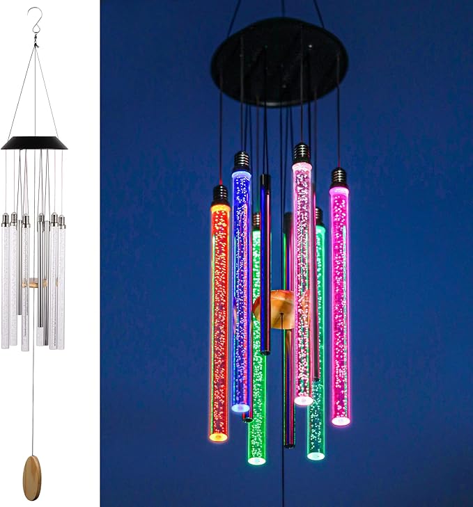 Solar Wind Chimes for Outside, DesGully 6 LED Tubes Color Changing Outdoor Clearance Unique Garden Decor Colorful Patio, Gifts for Her/Him (37" Long)