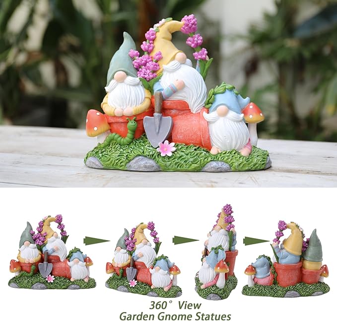 Garden Gnome Statue, Gnomes Figurine on Flower Pot with Floret and Mushrooms, Waterproof Resin Outdoor Decor for Patio Lawn Yard Home Tabletop Decoration