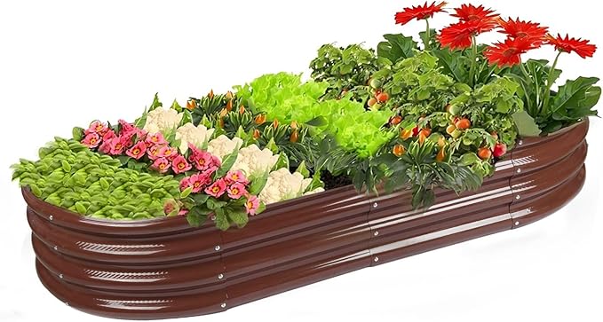 Rakukiri Raised Garden Bed GRS Certified Galvanized Planter Box Outdoor, 8ft Oval Rot-Resistant Metal Garden Bed Planter, Recycled Material Planter for Vegetables Flowers Herbs (Brown)