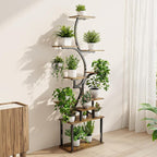 Plant Stand Indoor with Grow Lights - 9-Tier Curved Plant Stand, Tall Metal and Wood Indoor Plant Shelf with Unique Arched Design, Multi-Tier Flower Pot Holder Rack with Waterproof Finish, 63" Tall for Living Room, Balcony, and Garden