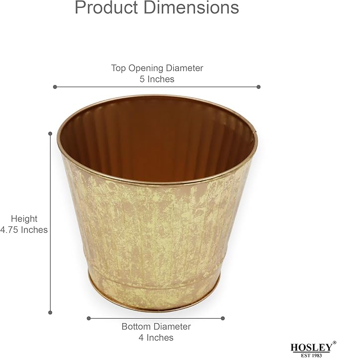 Hosley Metal Planters Pack of 2, Ideal Farmhouse Decor for Floral Arrangements Weddings, Gift Special Events Parties Outdoor Planters Gold 5" Dia x 4.8" H