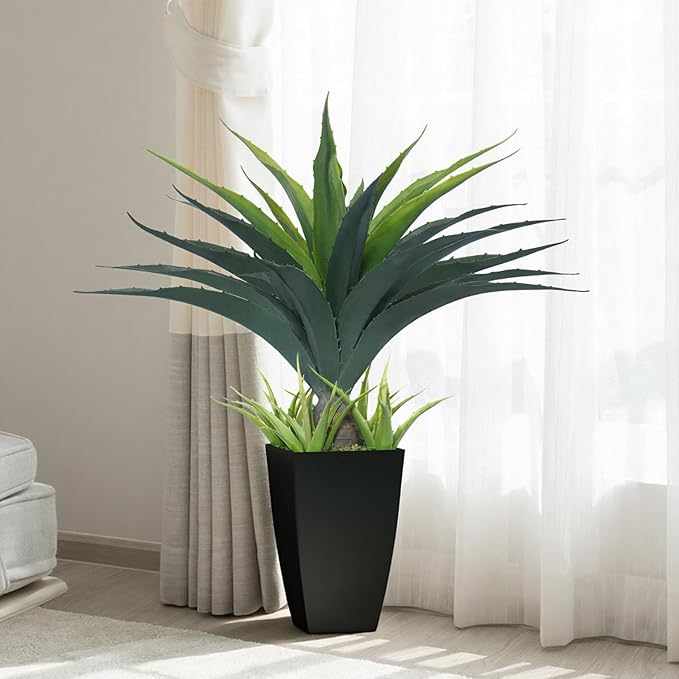 Artificial Spiked Agave Plant 2.5ft, 30 Inch Tall Fake Aloe Vera Plants in Black Pot, Fake Floor Plant Indoor Outdoor for Front Porch Patio Home Office Door Step Decor 1PCS