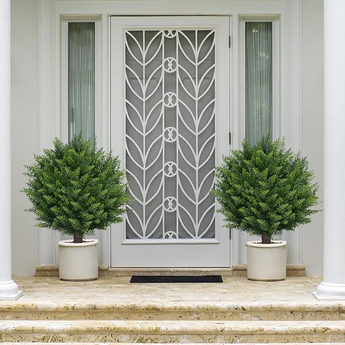 Artificial Set of 2 Cedar Topiary Ball Trees 22" for Outdoors with Ground Spike, UV Resistant Faux Cypress Plants into Anywhere, Evergreen Shrubs Bushes for Room Front Porch Garden Backyard Decor