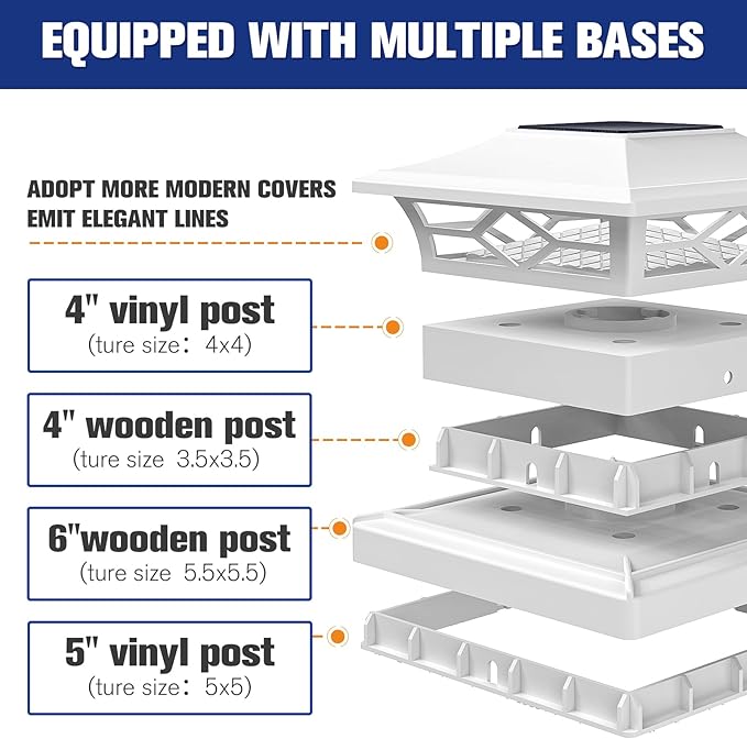 VOLISUN Solar Post Cap Lights: 12 - Pack Outdoor Deck Post Cap Lights White for Dock Fence Waterproof 2 Color Modes,4x4/6x6 Wooden/Vinyl Posts