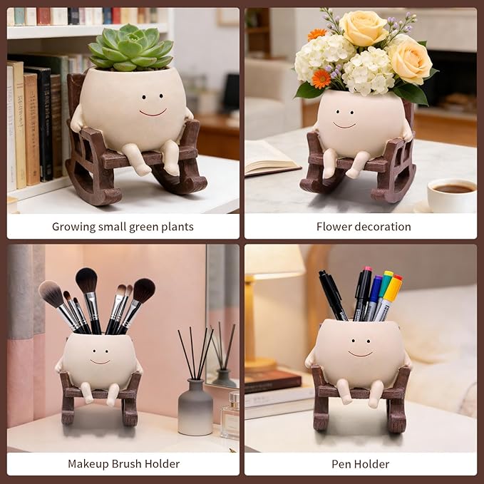 Smile Face Rocking Chair Planter Pot for Indoor Outdoor Plants, Unique Sit Rocking Chair Succulent Flower Pots, Cute Head Planters with Drainage Hole - Gift IdeaI for Mother and Grandma