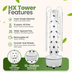HX Aeroponic Tower | High Capacity Tower | Hydroponics Growing System Kit | Food Grade with 40 Net Pots (with LED Grow Lights)