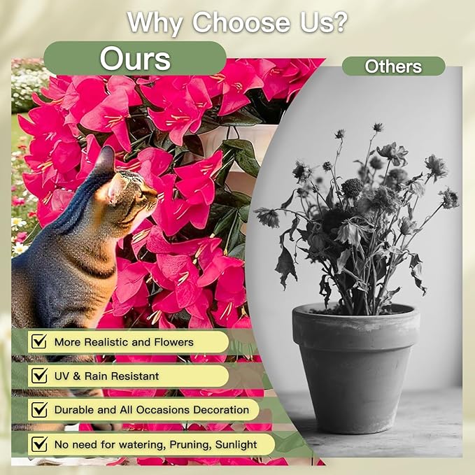 Artificial Flowers for Outdoors Fake Hot Pink Bougainvillea Hanging Flower Decoration, 2Pcs Realistic Faux Silk Plants Long Trailing Vines, Spring Decor for Porch Patio Balcony Planter Yard