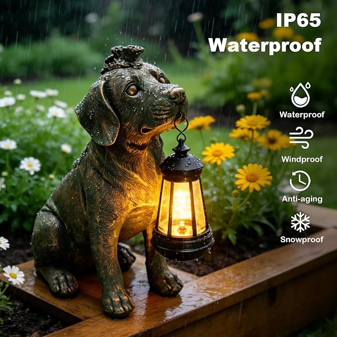 Solar Garden Statue Dog Figurine Decor with Lantern Lights, 11 Inch Outdoor Decoration Solar Dog Sculptures for Outside Patio Lawn Balcony Yard Ornament, Dogs Lover Gifts for Women Mom Mother's Day
