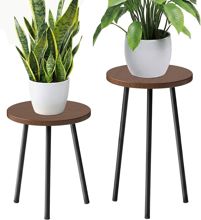 Plant Stand Indoor 2 Pack: Plant Table 14''&20'' Wooden & Metel Heavy Duty Stands for Flower Lovers - Mid Century Modern Design Stool for Bedroom/Living Room/Patio/Garden