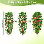BLEUM CADE Artificial Hanging Flowers for Outdoors, 2pcs Fake Hanging Plants Pothos Vines with Red Flowers for Wall Home Living Room Indoor Outdoor Decor (No Baskets)