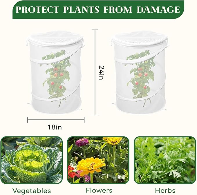 2-Pack Pop Up Plant Covers, Heavy Duty 18"x24" Mesh Plant Cover & Garden Cloche with Ground Stakes, Windproof Plant Protector Tent for Tomato & Strawberry (Protection from Birds & Animals)