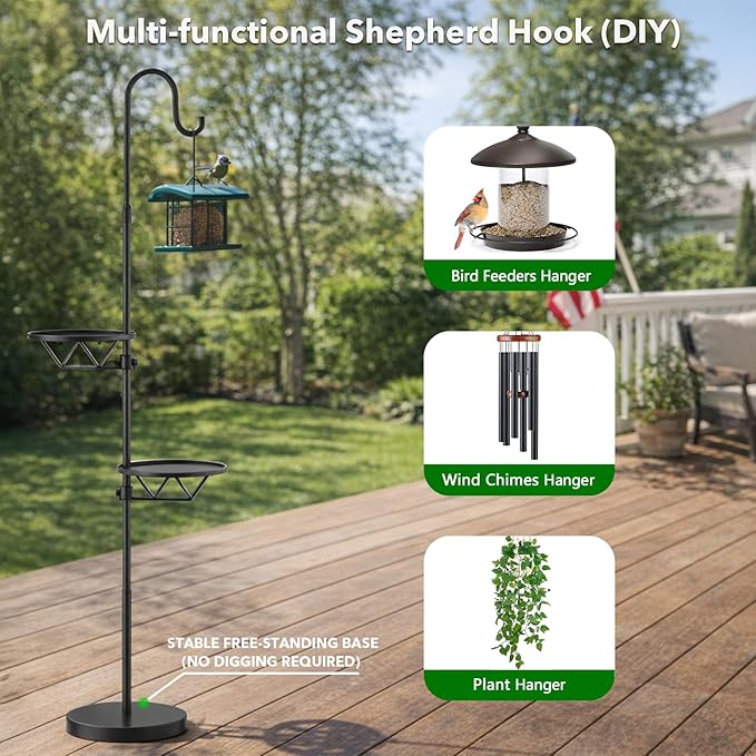 60.62'' Shepherd's Hook Stand Plant with Solar Lantern, Outdoor Floor Lamp, Wind Chime Hanger Stand, Waterproof Metal & Adjustable Height Standing Pole Holder Garden Light for Patio, Porch, Deck Decor