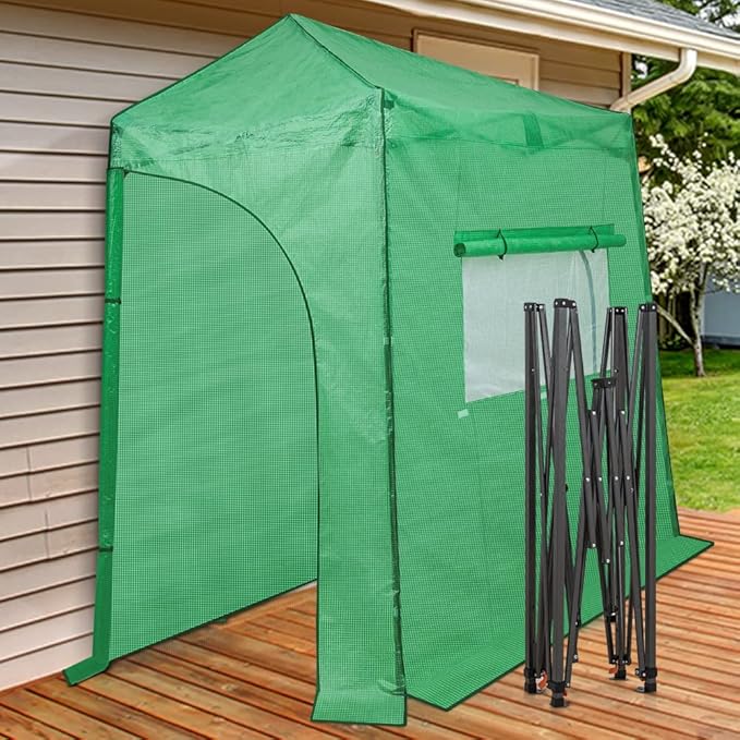 EAGLE PEAK 9x4 Portable Walk in Greenhouse, Pop Up Indoor Outdoor Greenhouse, Green House Kit with Zippered Roll-Up Doors and Windows, Lean-to Design, PE Cover, Clear/Green