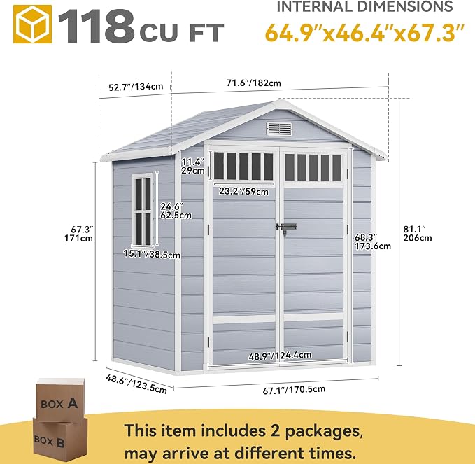 DWVO 6x4.4 FT Outdoor Storage Shed with Fence-Style and Side Windows, Lockable Door, and Vents Resin Storage Shed for Garden Backyard Patio Lawn