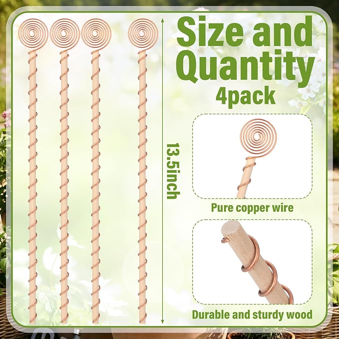 4 Pcs 13.5 Inch Electroculture Plant Stakes Copper Coil Plant Stakes for Garden Electroculture Antenna Garden Stake Wood Wrapped for Vegetable Flowers