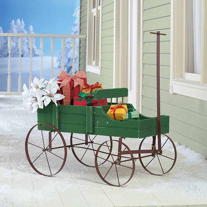 Collections Etc Amish Wagon Decorative Indoor/Outdoor Garden Backyard Planter, Green
