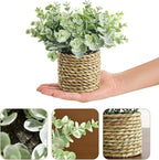 Small Fake Potted Plants: 7 Inches Artificial Plants with Seagrass Handwoven Planters, Indoor Farmhouse Spring Decorations, Eucalyptus Plant for Home Bathroom Office Shelf Tabletop Desk Room Decor
