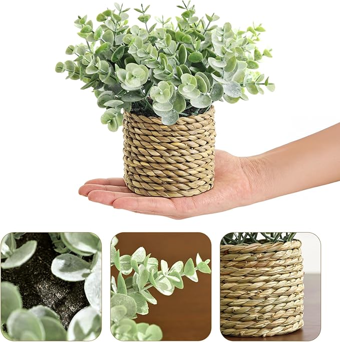 Small Fake Potted Plants: 7 Inches Artificial Plants with Seagrass Handwoven Planters, Indoor Farmhouse Spring Decorations, Eucalyptus Plant for Home Bathroom Office Shelf Tabletop Desk Room Decor