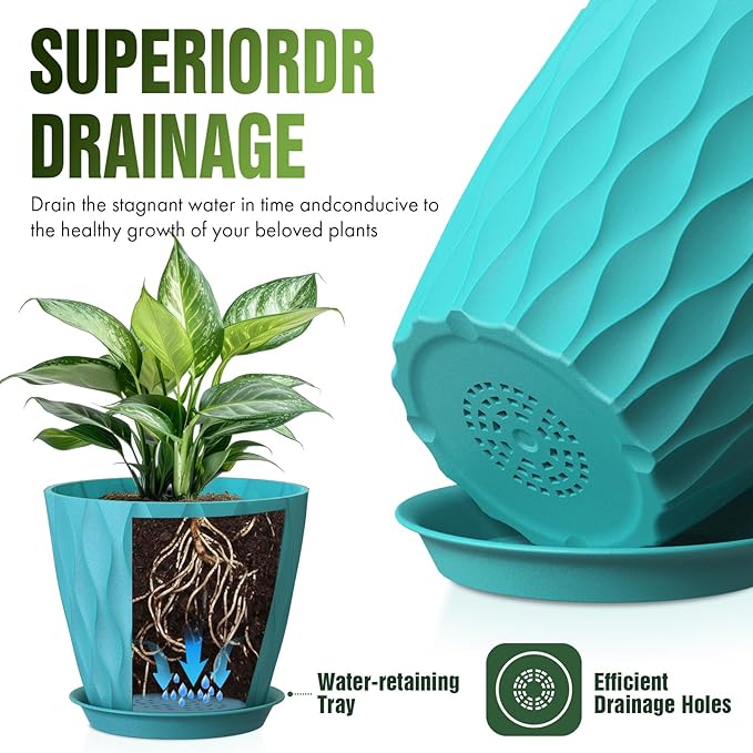 8" Water Wave Plant Pots with Drainage Holes & Saucers, 4 Pack Modern Textured Medium Planters for Indoor Outdoor Plants, Decorative Flower Pots Repotting Set for Flowers, Herbs (Blue)