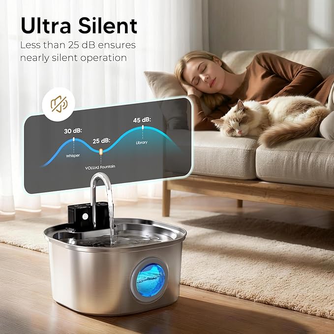 Voluas Stainless Steel Cat Water Fountain: 108oz/3.2L Wireless Cat Fountain Battery Operated for Drinking Indoor, Automatic Pet Water Dispenser Bowl with Ultra Quiet Pump, Easy Clean BPA-Free, 4Filter