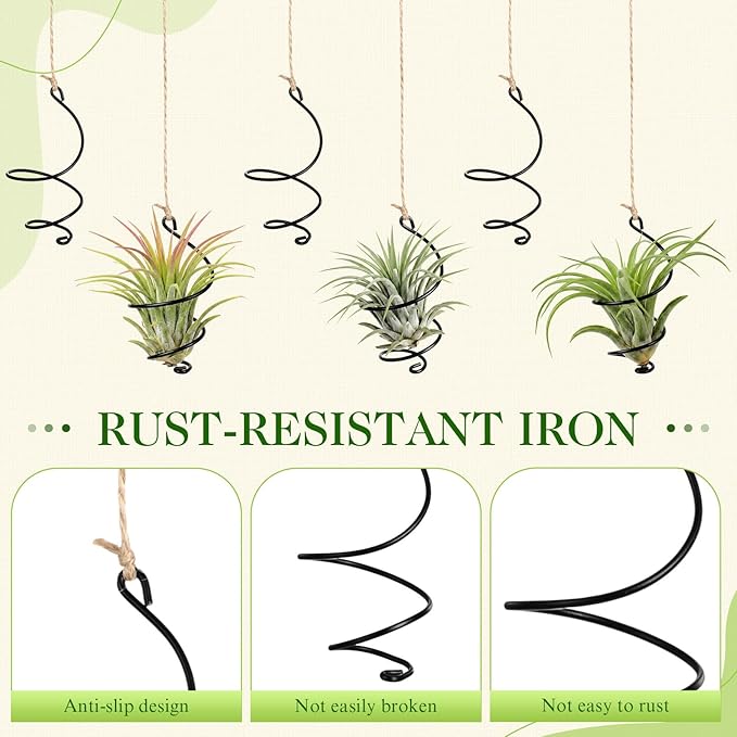 Hicarer 6 Pack Hanging Air Plant Holders with Jute Rope, Black Spiral Soilless Air Plant Hanger Set with Adjustable Rust-Resistant Iron Rings for Tillandsia, Succulent Home Office Decor