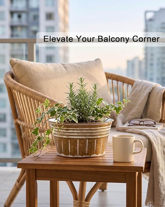 vensovo 8 Inches Brown Metal Rustic Plant Pots - 6Pcs Shallow Galvanized Planters with Drain Hole and Rubber Plug, Rustproof Tin Bucket Succulent Pot Indoor Farmhouse Vintage Style for Decor
